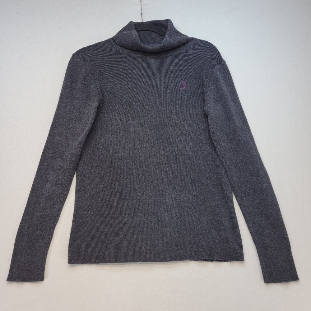 Polo Ralph Lauren Company Turtleneck Women L Gray Ribbed Cotton RL Logo Sweater
